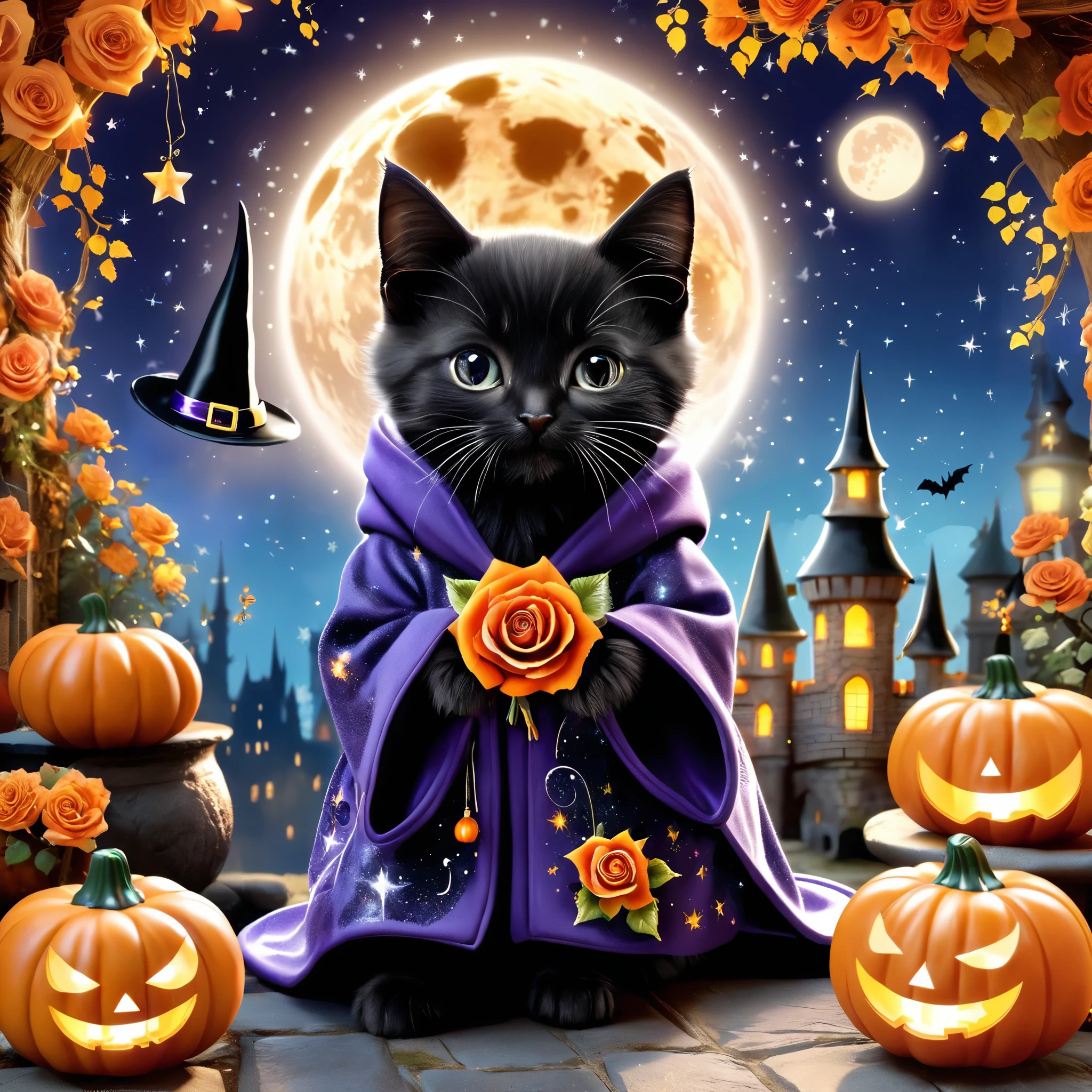 Explore a world adorned with enchanting details, centred around an irresistibly cute black kitten that embodies the spirit of Halloween (Wizard's Gown: 1. 3, Wizard's dressing gown: 1. 3, with a rose:1.3) and adorned with a whimsical witch's hat and elongated magic wand. Like a visual symphony, it conveys a sense of playful magic, amplified by twinkling stars and glitter, contributing to a cute and enchanting tableau that embodies the warmth and joy of Halloween night. Jack-o'-lantern, spider web, old castle, moon.