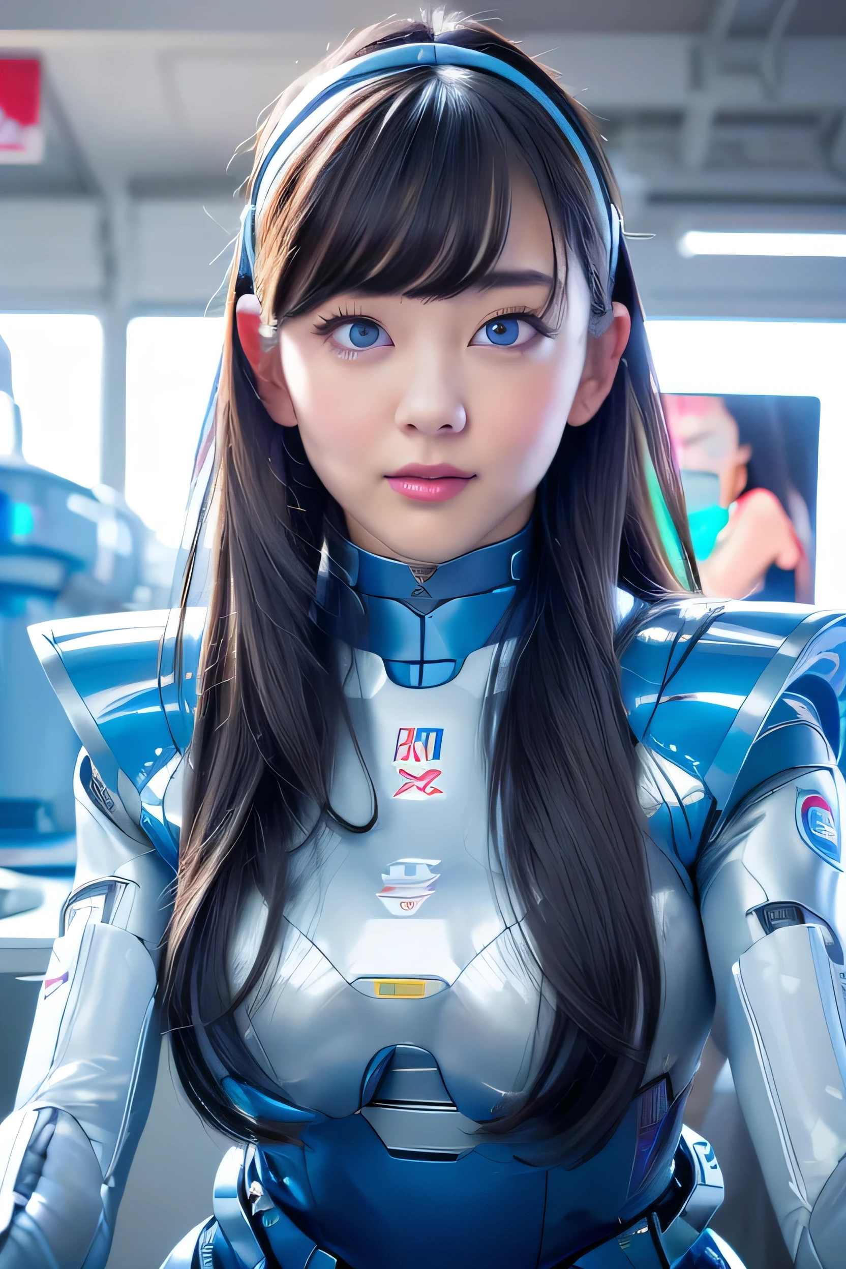 masterpiece, Best Quality, Extremely detailed, 8K portrait,Japaese android girl,Plump , control panels,Robot arms and legs, Blunt bangs,perfect robot girl,a bit chubby,white gloves,chest monitor,blue eyes,Charging spot,She is exhibits,exibition hall,promo girl,