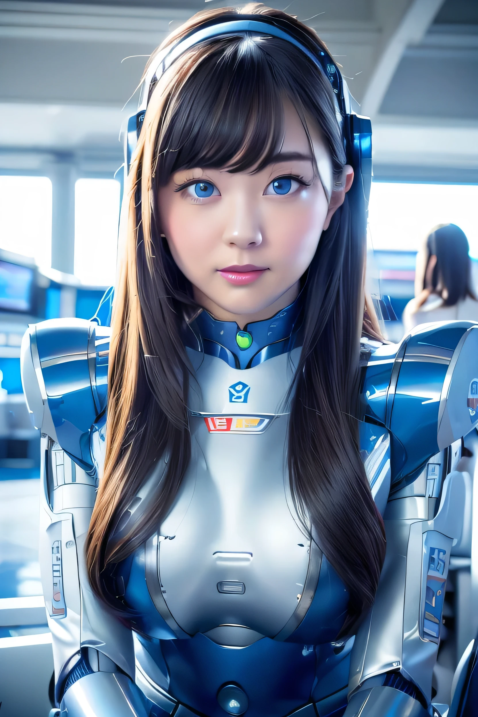 masterpiece, Best Quality, Extremely detailed, 8K portrait,Japaese android girl,Plump , control panels,Robot arms and legs, Blunt bangs,perfect robot girl,a bit chubby,white gloves,chest monitor,blue eyes,Charging spot,She is exhibits,exibition hall,promo girl,