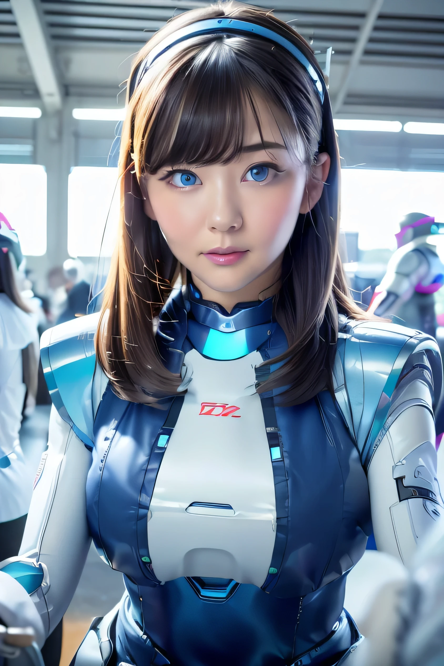 masterpiece, Best Quality, Extremely detailed, 8K portrait,Japaese android girl,Plump , control panels,Robot arms and legs, Blunt bangs,perfect robot girl,a bit chubby,white gloves,chest monitor,blue eyes,Charging spot,She is exhibits,exibition hall,promo girl,