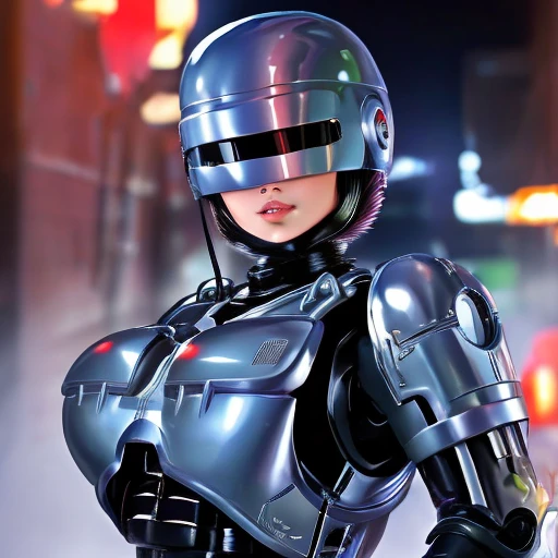 
( Best Quality ), (Overall view), Female Robocop,  Hua Gai with a cool and charming face ,RoboCop Armor    , Robocop helmet ,    beautiful and sexy young woman , 18 years old,    toned and muscular    , With a cool and handsome face    , SharpEye, Big Breasts