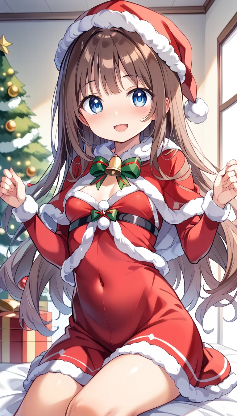 cute魅力的な少女、 female middle school student、 ((( ultra high resolution、 Ultra High Definition、 Ultra HD、Highest Settings、８k、)))、Christmas Eve 、Small breasts、clear、cute、whole body、４k、((( Santa Costumes、 cosplay、)))、(CG Art)、night、Bright room、Modern Room、 shiny, delicate and beautiful brown hair、 long hair、 beautiful blue eyes with great attention to detail、Beautiful clean skin、Happy expression、realskin、