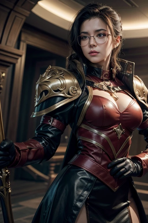 a hyper realistic, 25 Year Old Detailed Mature Woman, cheveux noirs, Long Wavy Hair , red lips, lunettes, Costume Ironman , WarMachine; Sur le champ de bataille, beaux seins, taille mince, chiffre de sablier, collants noirs , beau, absolument magnifique, Looking at the camera in a seductive way,