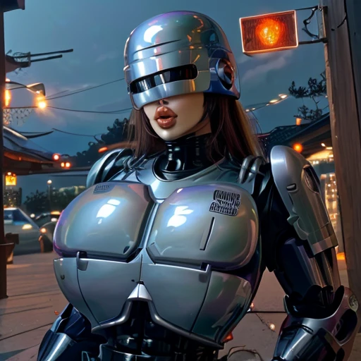 
( Best Quality ), (Overall view), Female Robocop,  Hua Gai with a cool and charming face ,RoboCop Armor    , Robocop helmet ,    beautiful and sexy young woman , 18 years old,    toned and muscular    , With a cool and handsome face    , SharpEye, Big Breasts