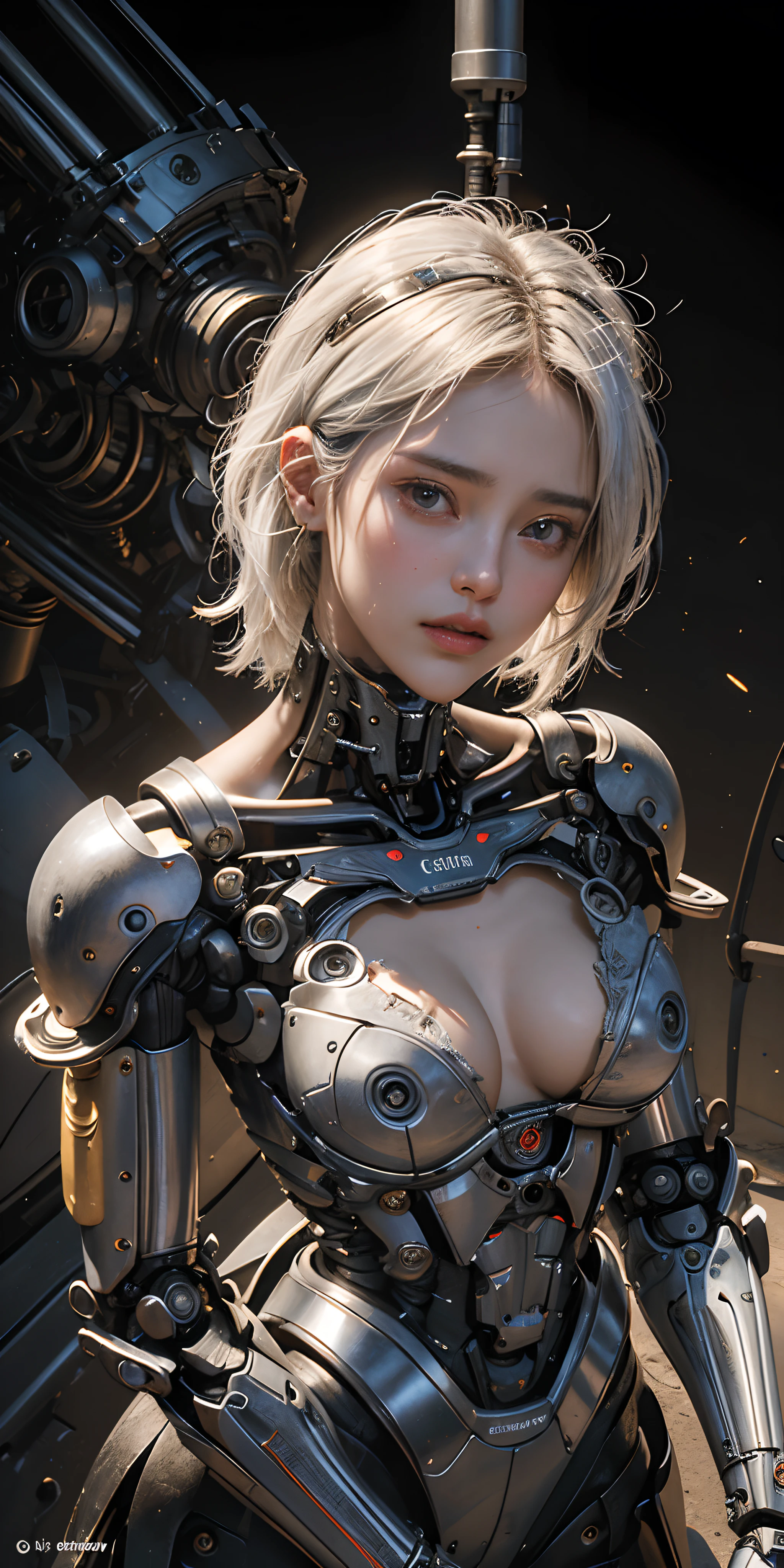 最好质量、巨作、ultra-high-resolution、(photoreallistic:1.4)、Raw photo、女の子1人、Black hair、glowy skin、1 Mechanical Girl、((hyper realistic detail))、portlate、Global Illumination、Shadow、octane rend、8K、ultrasharp、big tit、Raw skin is exposed in cleavage、metals、Details of complex ornaments、Gothloli details、Analog Meter、cog、gear、Golden hydraulic cylinder、hyper intricate details、Realistic light、CGSoation Trends、purple colored eyes、eyes glowing、Facing the camera、neon details、Mechanical limbs、blood vessels connected to tubes、Mechanical vertebrae attached to the back、mechanical cervical attaching to neck、sitting on、Wires and cables connecting to the head、Small LED lamp、
