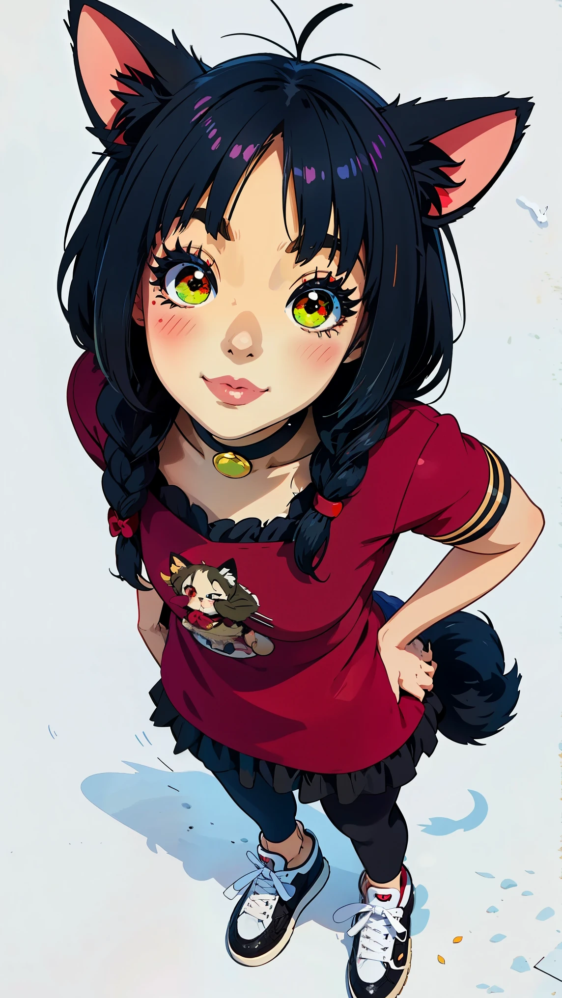 A woman (junkotvv black hair, fringe, cat ears, red eyes) With a rabbit monkey, sneakers, happy,  costume looking at the spectator,  full body , Postura de pie,  masterpiece ,  Best quality, ( seen from above :1.5), ( simple white background ), Line drawing,  anime style
