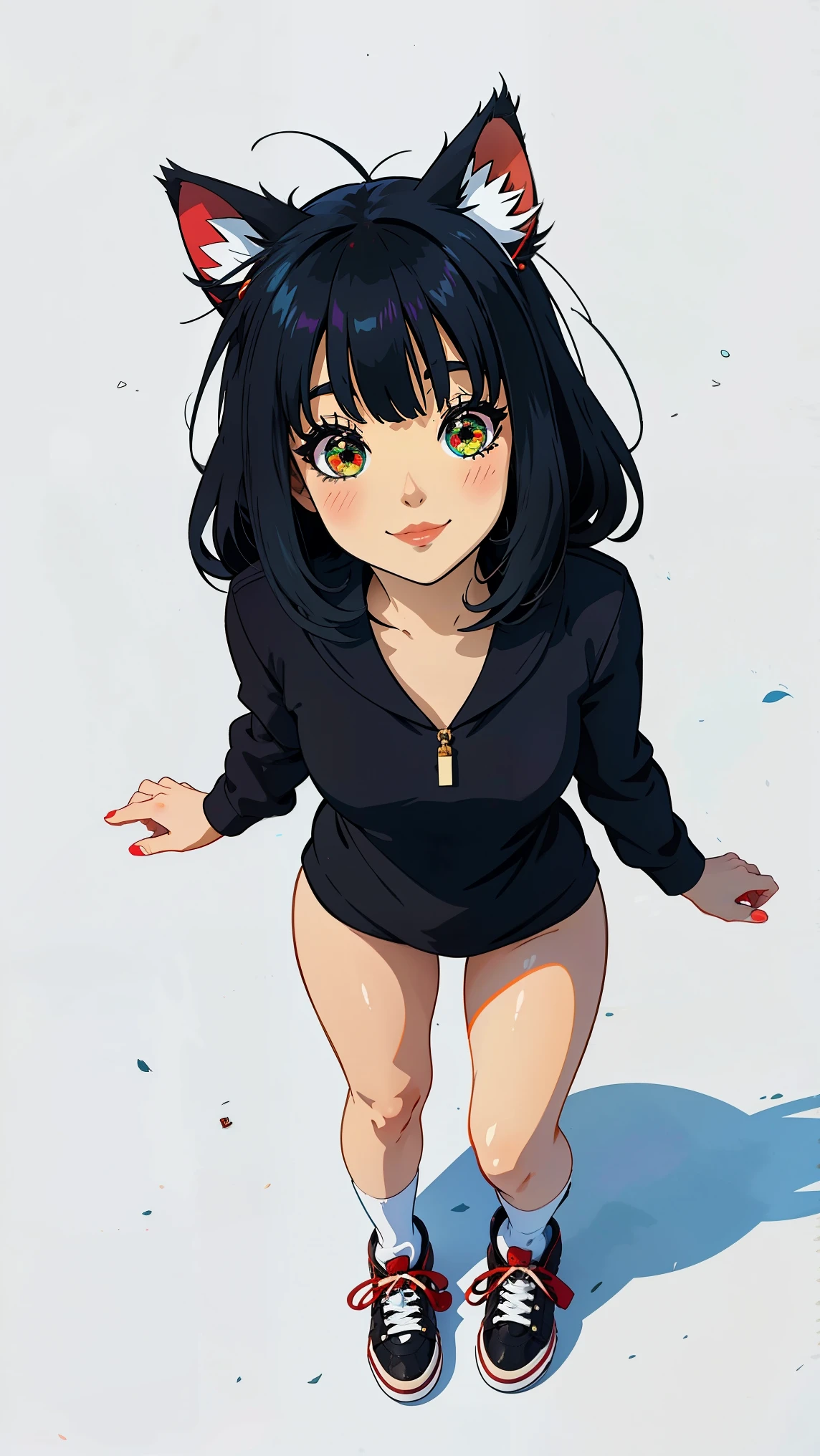 A woman (junkotvv black hair, fringe, cat ears, red eyes) With a rabbit monkey, sneakers, happy,  costume looking at the spectator,  full body , Postura de pie,  masterpiece ,  Best quality, ( seen from above :1.5), ( simple white background ), Line drawing,  anime style
