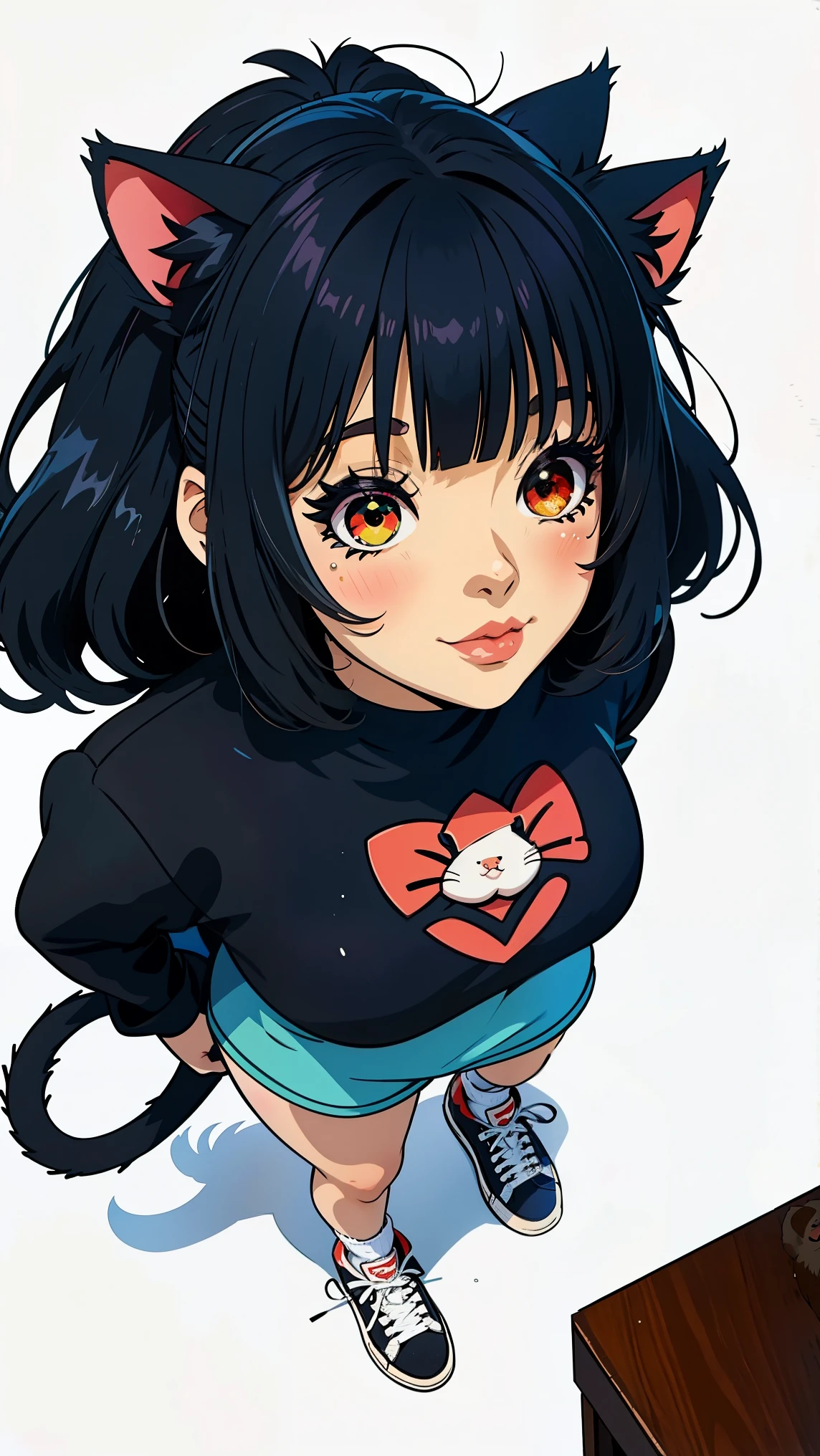 A woman (junkotvv black hair, fringe, cat ears, red eyes) With a rabbit monkey, sneakers, happy,  costume looking at the spectator,  full body , Postura de pie,  masterpiece ,  Best quality, ( seen from above :1.5), ( simple white background ), Line drawing,  anime style
