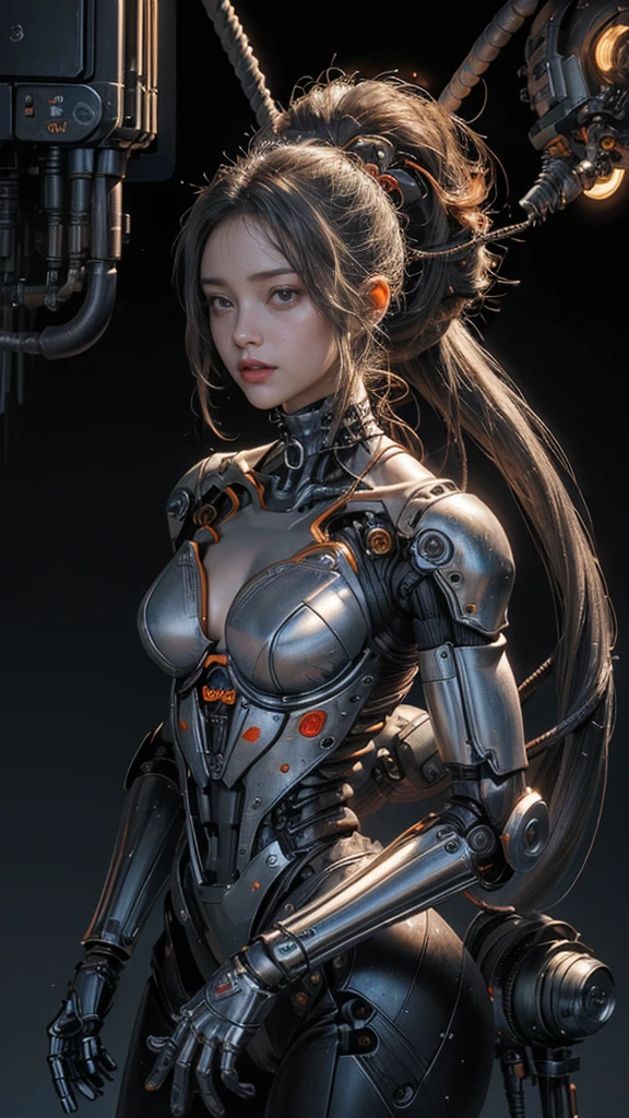 ((,  The best quality, 8k, masterpiece :1.3)), whole body,  robots (((masterpiece))), (( The best quality)), (Super detailed), (CG illustration ), ( extremely evil and beautiful )), Cinematic Light, ((1 mechanical girl)), single, ( life made by machines ), ((Mechanical Limbs)), ((Mechanical cervical vertebrae attached to the neck), (Serious), Expressionless, ( Alambres y cables unidos a la cabeza y al cuerpo: 1.5), ( character focus ), SF, The end of an era.Gray Hair, big 