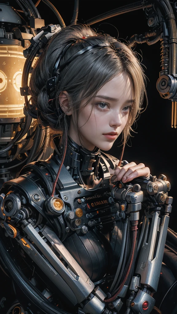 ((,  The best quality, 8k, masterpiece :1.3)), whole body,  robots (((masterpiece))), (( The best quality)), (Super detailed), (CG illustration ), ( extremely evil and beautiful )), Cinematic Light, ((1 mechanical girl)), single, ( life made by machines ), ((Mechanical Limbs)), ((Mechanical cervical vertebrae attached to the neck), (Serious), Expressionless, ( Alambres y cables unidos a la cabeza y al cuerpo: 1.5), ( character focus ), SF, The end of an era.Gray Hair, big 