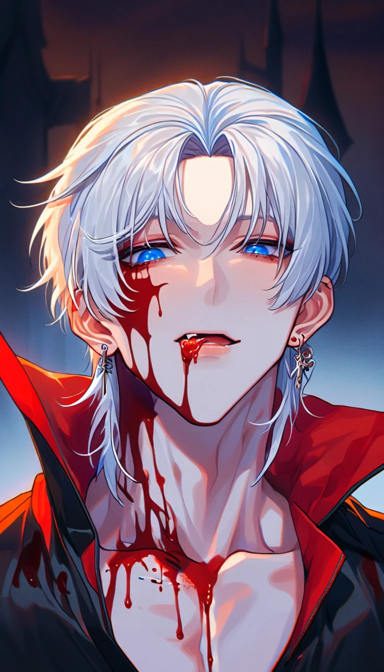 Vampire, absurdres, highres, ultra detailed, HDR, master piece, best quality, extremely detailed face, delicated features, Jaehwan , White hair, short hair, no fringe, without bangs, handsome hair, cool blue eyes, The World After The Fall, Alone, Sensual, Young face, black and red Vampire style, cold, Transparent, black, Boyfriend, Pierce, earring, Vampire boy, Draw a large background, anime,  Vampire model, fang, Scary Halloween background, Draw a large background, 4K, High image quality, Vampire pose, Blood dripping from the mouth, Vampire makeup, Upper body photography