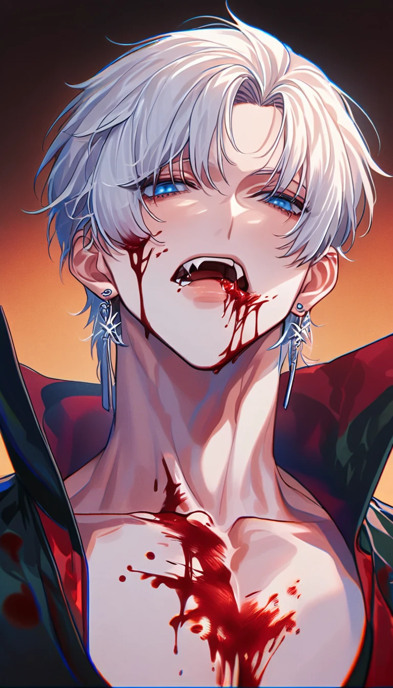 Vampire, absurdres, highres, ultra detailed, HDR, master piece, best quality, extremely detailed face, delicated features, Jaehwan , White hair, short hair, no fringe, without bangs, handsome hair, cool blue eyes, The World After The Fall, Alone, Sensual, Young face, black and red Vampire style, cold, Transparent, black, Boyfriend, Pierce, earring, Vampire boy, Draw a large background, anime,  Vampire model, fang, Scary Halloween background, Draw a large background, 4K, High image quality, Vampire pose, Blood dripping from the mouth, Vampire makeup, Upper body photography