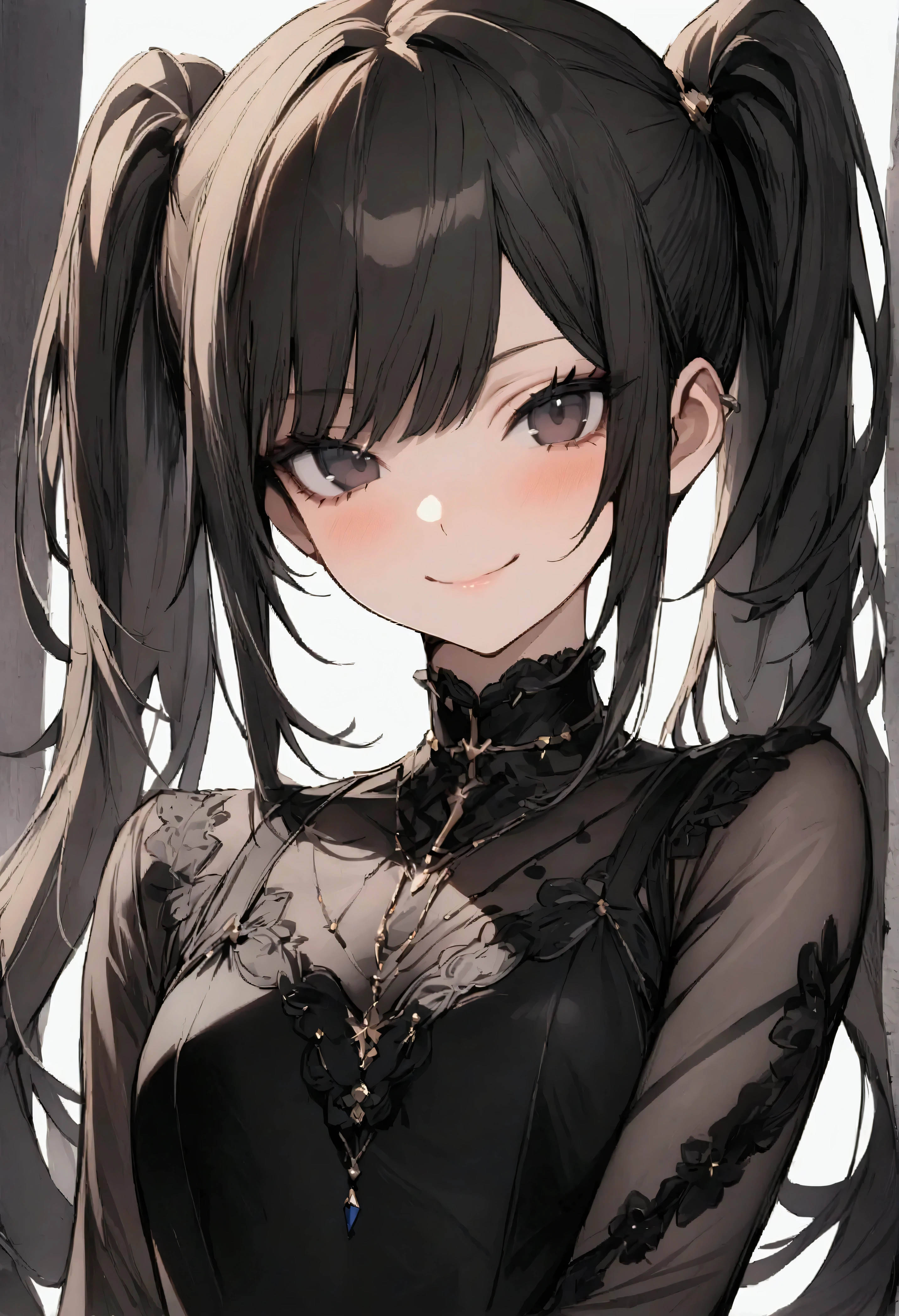 one girl, high twin tails, high pigtails, hair bangs, medium length hair, shoulder length hair, black hair, dark eyes, pretty face, slim figure, short black dress, close up, little smirk, masterpiece, best quality