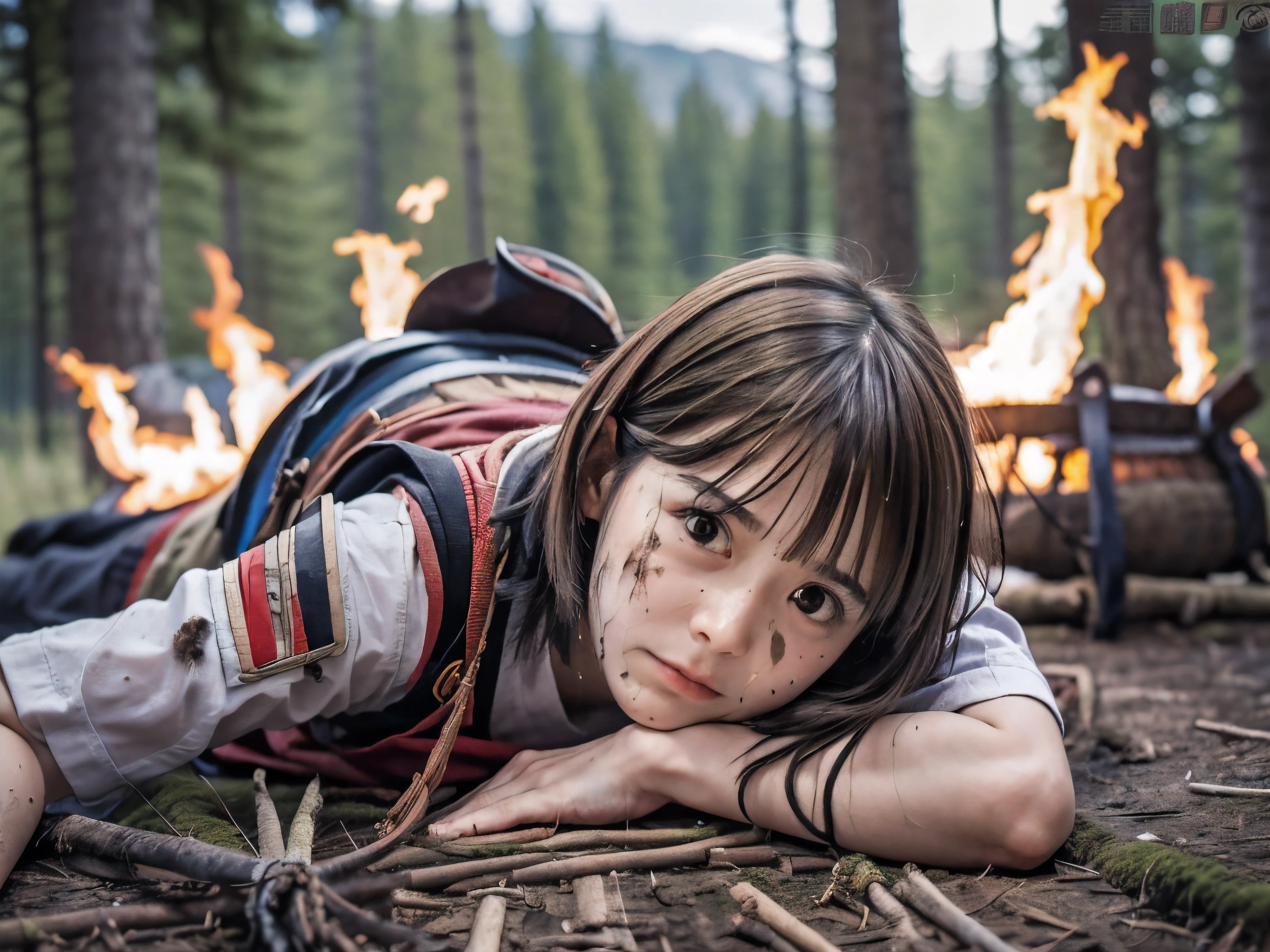 (Low angle shot of one slender small breasts round face brown short hair with bangs girl in a samurai silver armor:1.5)、(One girl is lying with her back behind on the wilderness land at the Sengoku period in Japan with crying dirty sperm splashed face:1.5)、(One girl has splashed sperm and blood on her face and body:1.5)、(One girl is tied wrist by rope:1.5)、(The big fire and burning trees on the wilderness land with red sky:1.5)、(blurred background:1.5)、(Natural light:1.5)、(8k ultra detailed master piece:1.5)、(perfect anatomy:1.5)、(Photorealistic stick:1.5)、(Raw photo:1.3)、(highest quality:1.5)、(High resolution:1.3)、(Delicate and beautiful perfect face:1.3)、(Delicate and beautiful eye air skin:1.3)、(Real Human Skin:1.3)、((thin legs))