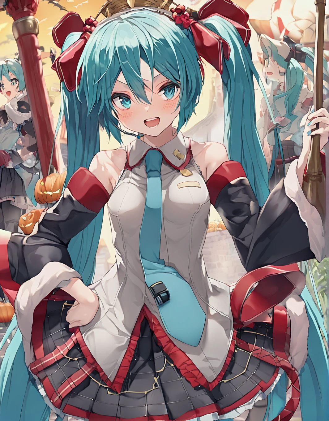 masterpiece,  Best Quality ,  1 girl ,  Hatsune Miku, Aqua Hair, Light blue eyes, Long Hair,   twin tails,   Gradation Hair  ,  Saints of War ,  Black Skirt ,  blue tie ,   detachable sleeve  , small breasts,Grey Shirt,  Long Sleeve  ,    miniskirt in length ,  pleated skirt, Thigh length,  happy , outdoor ,shiny clothes ,  Rules for staring at viewers odebtul debtace Hatsune Miku, Fluorescent milky white，Blue-pink pupils，Blue and White Clothes，Super nice looking, Very sweet and lovely face，Light of faith，Blue tie　 Halloween 　Costume parties　Werewolf　 Frankenstein　Dracula　ミイラ男とケーキを食べる Hatsune Miku　 vampire　 Halloween カボチャ (8k)  Ultra High Level Quality ８ｋ　 Avant-Garde Art Realistic Direction 　 Studio Ghibli's New Anime 　 Hatsune Miku　Ukiyo-e POP art　Alphonse Mucha　Beautiful profile　Impressionism　print　pretty 　Critique of Machine Civilization 　 Hatsune Miku　sun　Picasso　 King Crimson's Palace 　Madness and Lamentation　 Shaman's Prayer Close Your Eyes and Shout　 Avant-garde Art Realistic Direction 　Showa era Japan