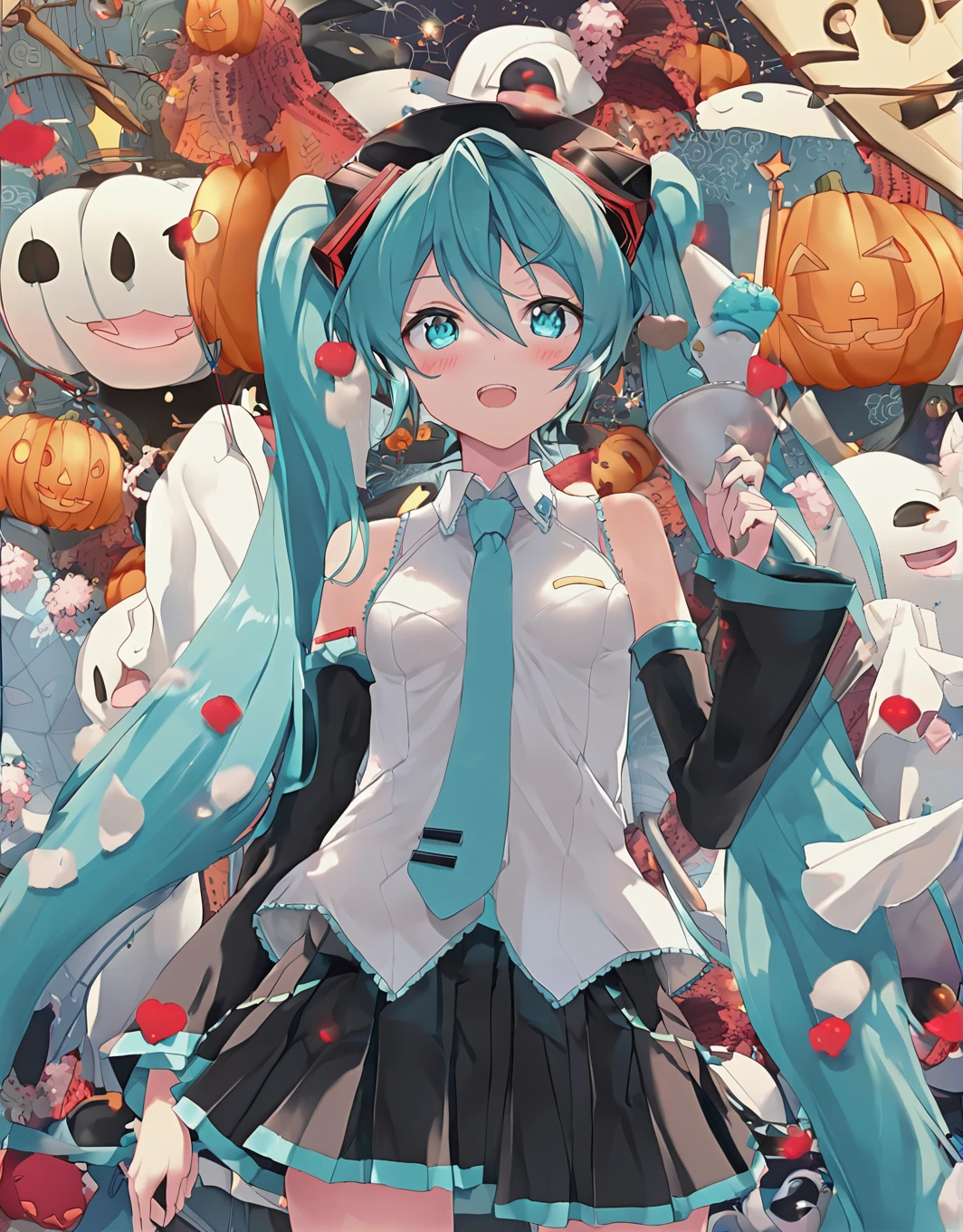 masterpiece,  Best Quality ,  1 girl ,  Hatsune Miku, Aqua Hair, Light blue eyes, Long Hair,   twin tails,   Gradation Hair  ,  Saints of War ,  Black Skirt ,  blue tie ,   detachable sleeve  , small breasts,Grey Shirt,  Long Sleeve  ,    miniskirt in length ,  pleated skirt, Thigh length,  happy , outdoor ,shiny clothes ,  Rules for staring at viewers odebtul debtace Hatsune Miku, Fluorescent milky white，Blue-pink pupils，Blue and White Clothes，Super nice looking, Very sweet and lovely face，Light of faith，Blue tie　 Halloween 　Costume parties　Werewolf　 Frankenstein　Dracula　ミイラ男とケーキを食べる Hatsune Miku　 vampire　 Halloween カボチャ (8k)  Ultra High Level Quality ８ｋ　 Avant-Garde Art Realistic Direction 　 Studio Ghibli's New Anime 　 Hatsune Miku　Ukiyo-e POP art　Alphonse Mucha　Beautiful profile　Impressionism　print　pretty 　Critique of Machine Civilization 　 Hatsune Miku　sun　Picasso　 King Crimson's Palace 　Madness and Lamentation　 Shaman's Prayer Close Your Eyes and Shout　 Avant-garde Art Realistic Direction 　Showa era Japan