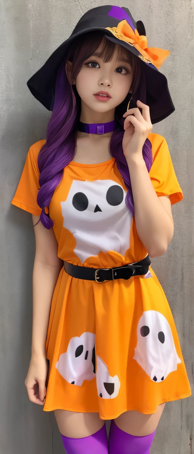 Gorgeous Halloween Idol Girl 、whole body、　Good style、、、、、、、、、、Thick legs、、Ghost Print Shirt 、 Fluorescent Purple and Orange Tight Dress、、Ghost Belt 、A pure girl&#39;s face、Glowing Ghost 、Halloween Town at Night