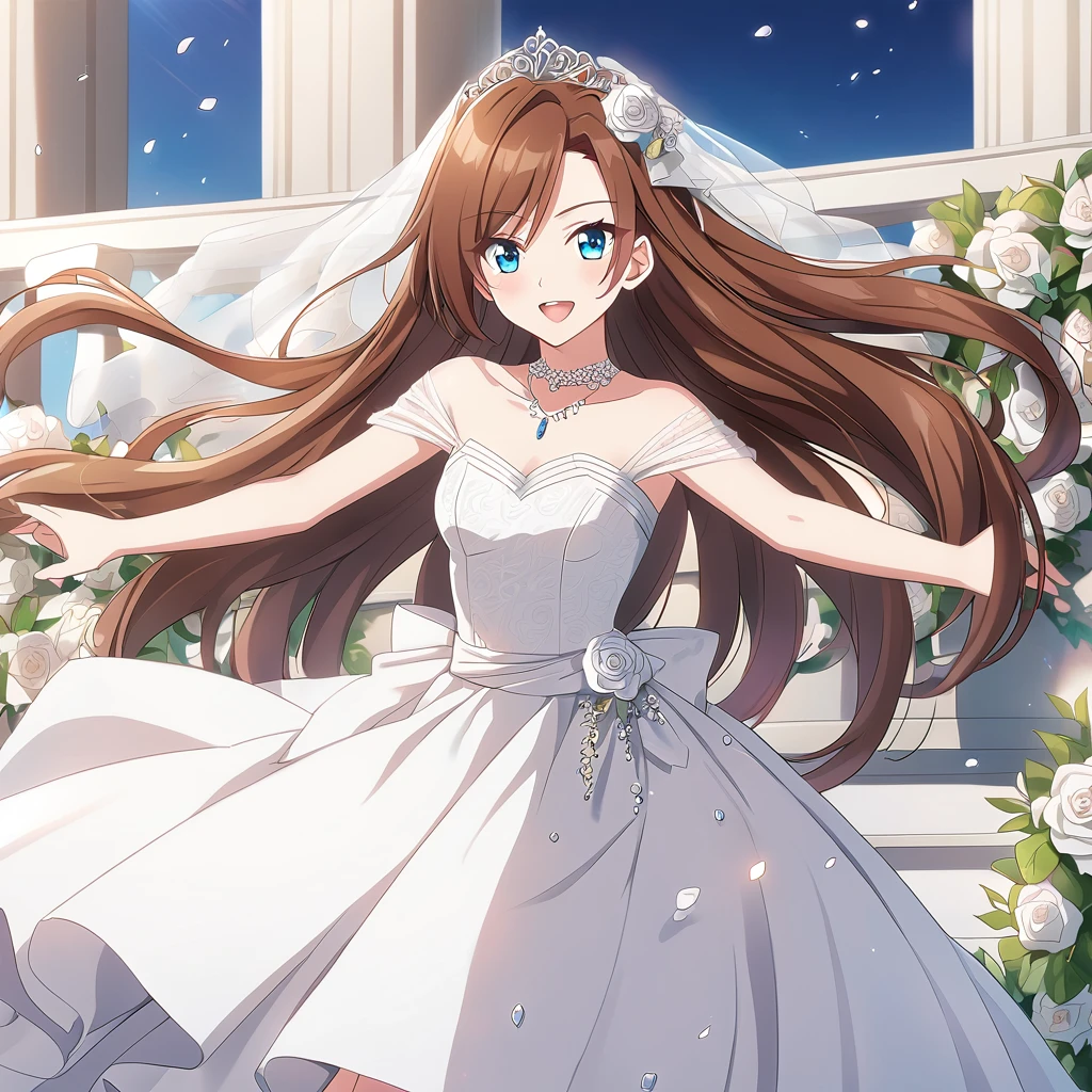 sysdeep_katarina, 1girl, solo, long_hair, bangs, blue_eyes, brown_hair, asymmetrical_bangs,  white_dress, wedding_dress,  anime_coloring