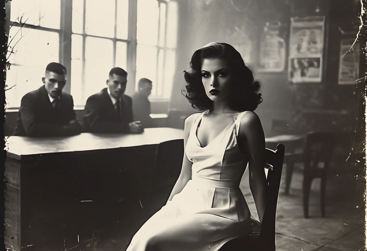 Single Mastermind young lady sitting on chair, short skirt, crossed legs,very sensual and femenine, a lots of gangster bodyguards standing behind