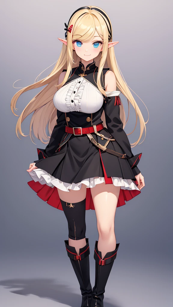 no background, masterpiece, best quality, extremely detailed,a pretty woman,Upright full body image of an adult female elf, blue eyes ,Droopy eyes with straight lower eyelids,  shoulder-length blonde hair , Ahoge,(((2 hair clips on the right bangs,The hair clip is black ))),original character, big breasts, black thigh-high socks,fair skin,black frill skirt,boots,black and red conductor uniform,smile ,Full body image of an adult elf standing straight with a belt with a large belt at the waist ,Gunner