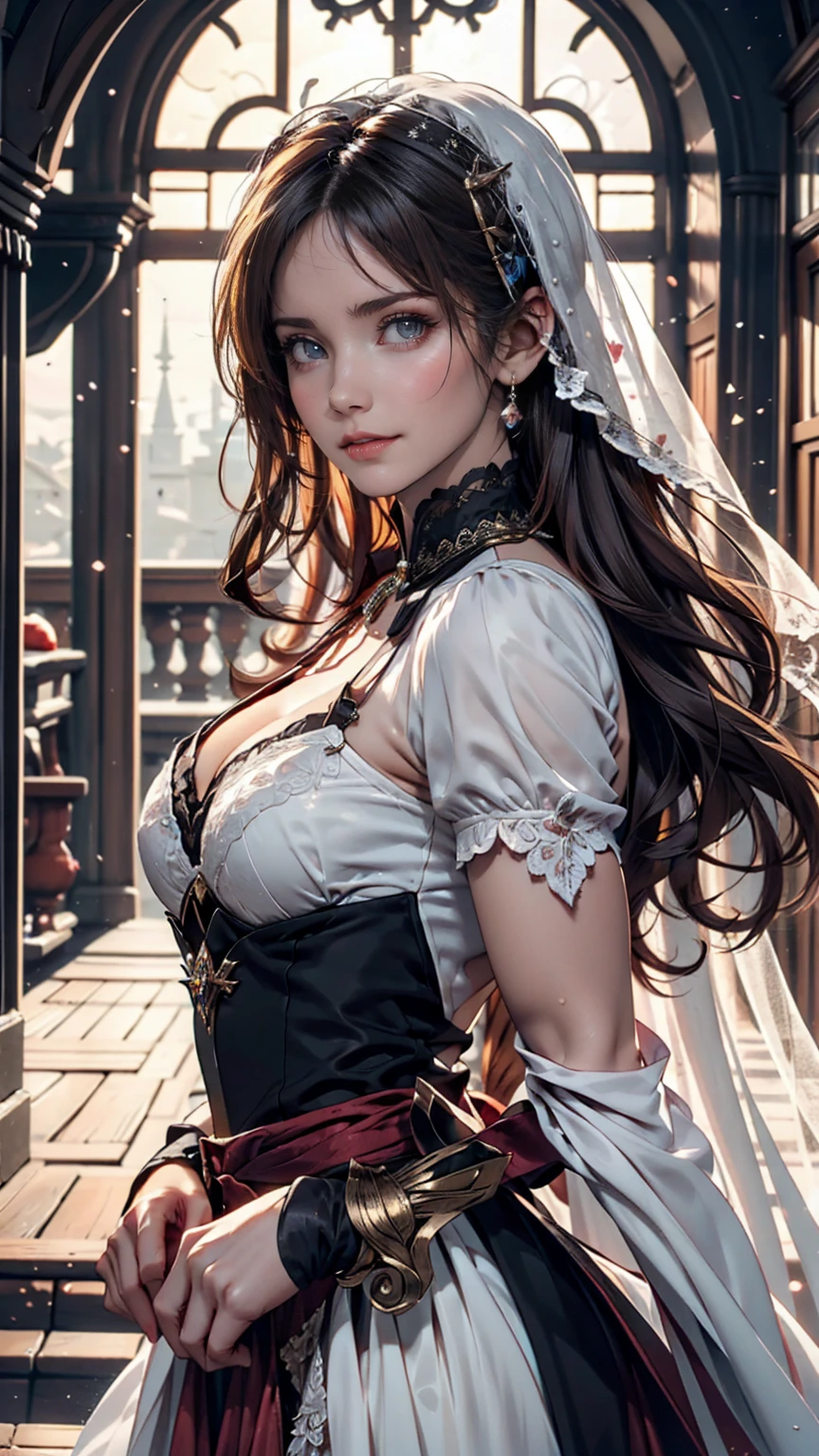Sexy woman dressed in elegant 16th century Italian attire, stands gracefully in the bustling streets of Rome, providing comfort to the Italian citizens.