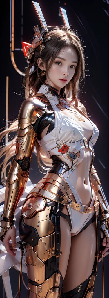 Realistic images 8k.masterpiece, hip up , COMPLETE ANATOMY , maximum details ,Best Quality, light is easy on the eyes ., a young woman with long hair ,  Flowing Hair , gentle smile stares at me,Model pose, cybernetic robot ,White bikini body _red_ metallic gold , morning background 