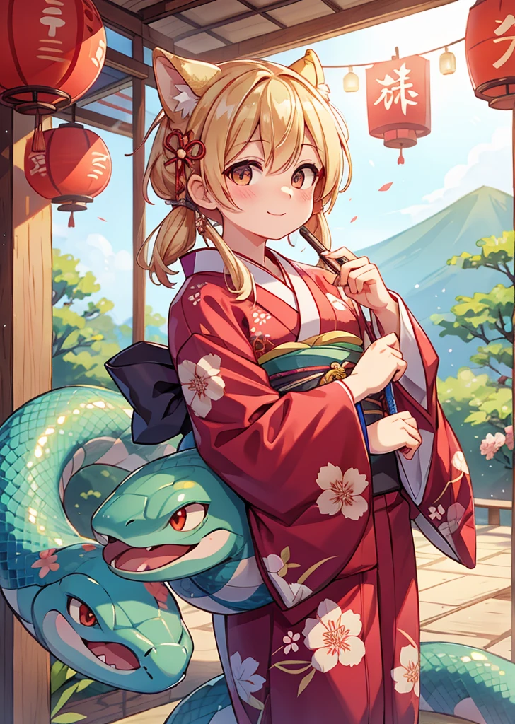 A cute snake in a kimono、Japanese New Year、