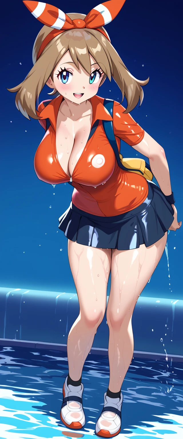 Pokémon May, big breasts , no bra, black mini skirt, White shoes, SOAKED.
