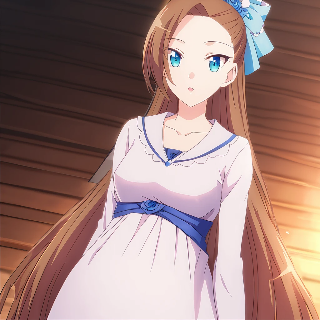 Katarina Claes - [My Next Life as a Villainess - All Routes Lead to Doom!] - SD1.5 / SDXL / Pony, 1girl, solo, long_hair, bangs, blue_eyes, brown_hair, asymmetrical_bangs,  looking at viewer, white_dress, sexy long sleeve maternity_dress,  anime_coloring, 