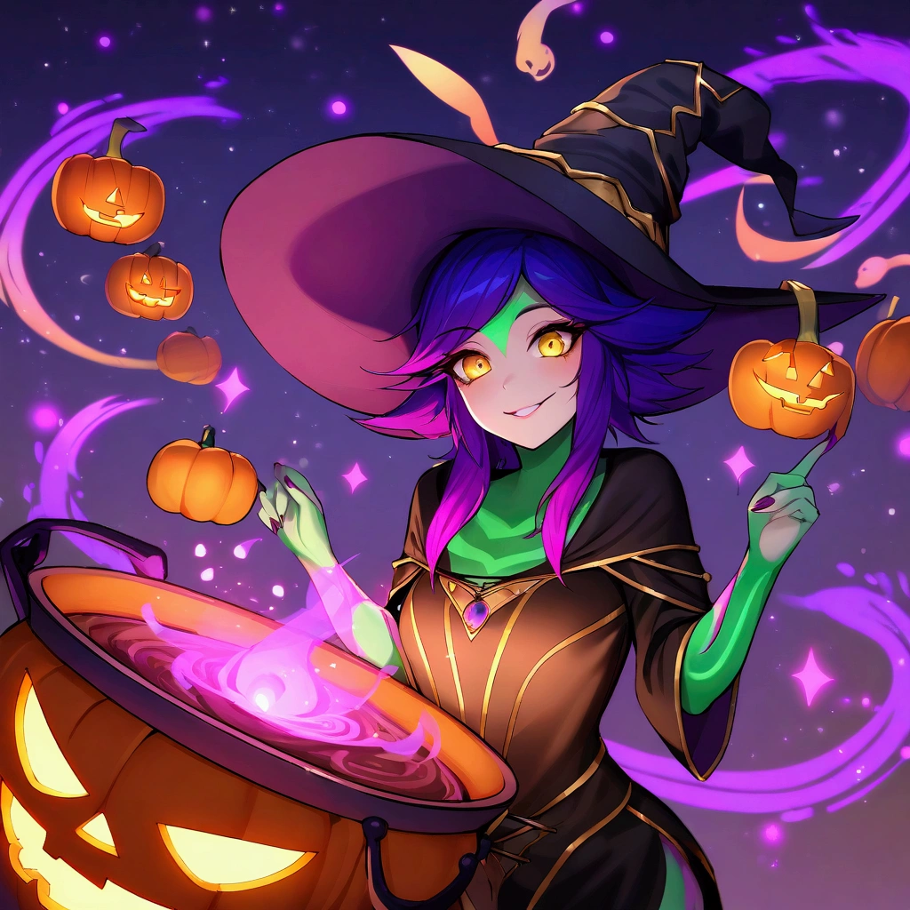 masterpiece, high quality, detailed background, neeko, dressed as a witch, witch hat, black robe, black dress with gold details, macabre smile, witch's cauldron, black cat, halloween background, pumpkins, colorful lights