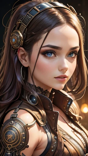 Smiling girl in steampunk fashion with bionic arm, It is shot with ultra-high resolution and photorealistic beautiful lighting. This masterpiece is of the highest quality、It is set on a zentangle abstract background (Weighting 1.4).