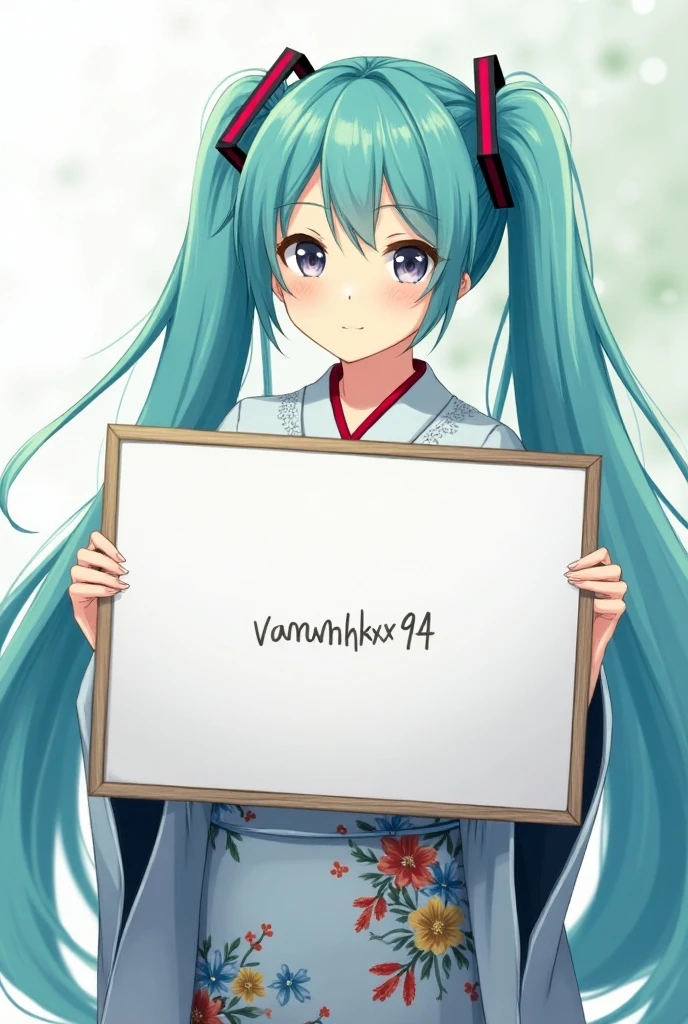  Hatsune Miku with long hair tied on the sides, kimono dress ,  holding a whiteboard with the inscription  "vananhx94"  and show the viewer 