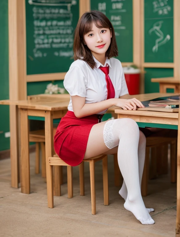 (((8k、High resolution、Highest quality、High resolution))), alone、Natural body shape、White skin、Natural Makeup、((Keep your hair short))、(((Skirt Lift)))、、(:1.4)、(())、(((((Full body photo)))))、(((Shooting from the side)))、(((Wear a uniform on the upper body)))、classroom、(((Of high school))) 、((white collared long sleeve blouse))、((Beige cardigan))、((Pleated skirt with dark blue plaid pattern、mini skirt、Ultra-realistic pantyhose))、、Kneeling、Cute expression、Cute Smile, ((Bare thighs))
