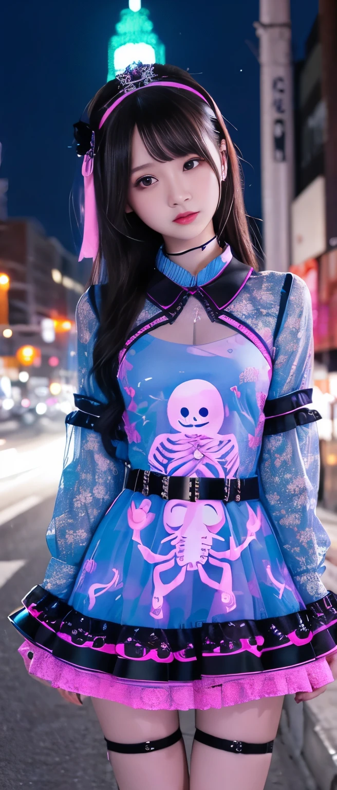 Gorgeous Ghost Idol Girl 、whole body、　Good style、、、、Night City、、、、、、Thick legs、、Ghost Print Shirt 、fluorescent blue and pink skeleton dress、、centerpiece accessory belt 、A pure girl&#39;s face、Glowing Ghost 、