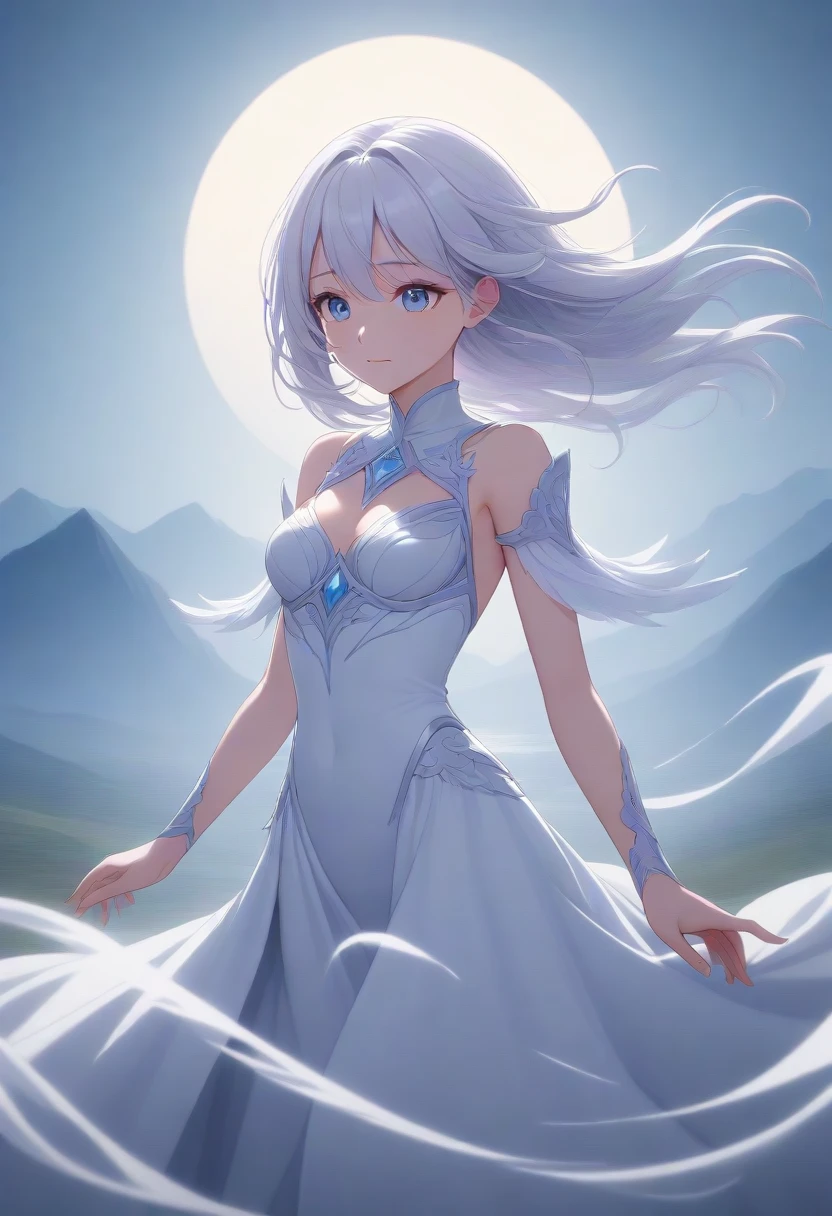 masterpiece,best quality,high resolution,ultra sharp focus,Cinematic Lighting, ethereal light,8k,young woman,graceful, swift, elegant, ethereal wind aura, silver and light blue tones, flowing wind around her, serene expression, fluid movement, waist-length white hair, flowing freely, gentle wave, soft lavender eyes, fair skin, with a gentle shimmer, light, delicate armor, adorned with feather motifs, lightweight, curved blade, surrounded by gentle wind trails, open field with distant mountains, bright sunlight filtering through clouds
