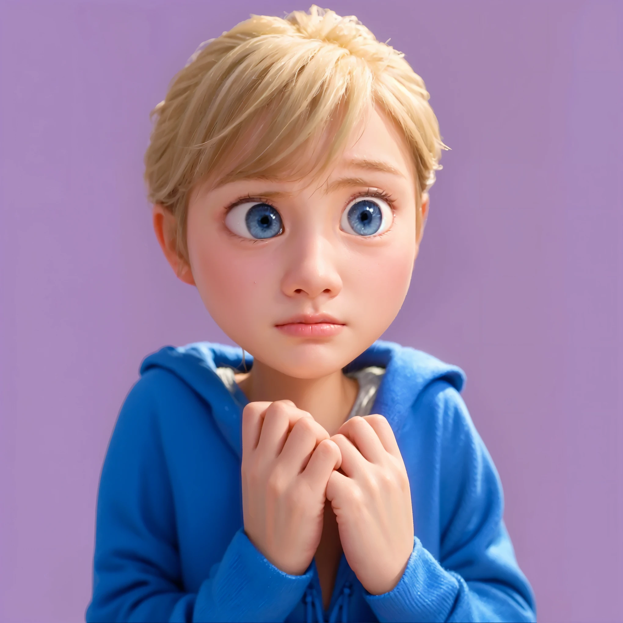 A young character with short blonde hair and big blue eyes, wearing a blue hoodie, has a worried or anxious expression. Their hands are held close to their chest in a nervous gesture. The background is a soft purple color, with a cartoon-like, highly expressive style. The character’s features are detailed, capturing an emotional, innocent look in high-resolution 4K