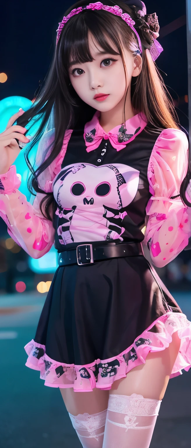 Gorgeous Ghost Idol Girl 、whole body、　Good style、、、、Night City、、、、、、Thick legs、、Ghost Print Shirt 、fluorescent pink skeleton dress、、centerpiece accessory belt 、A pure girl&#39;s face、Glowing Ghost 、