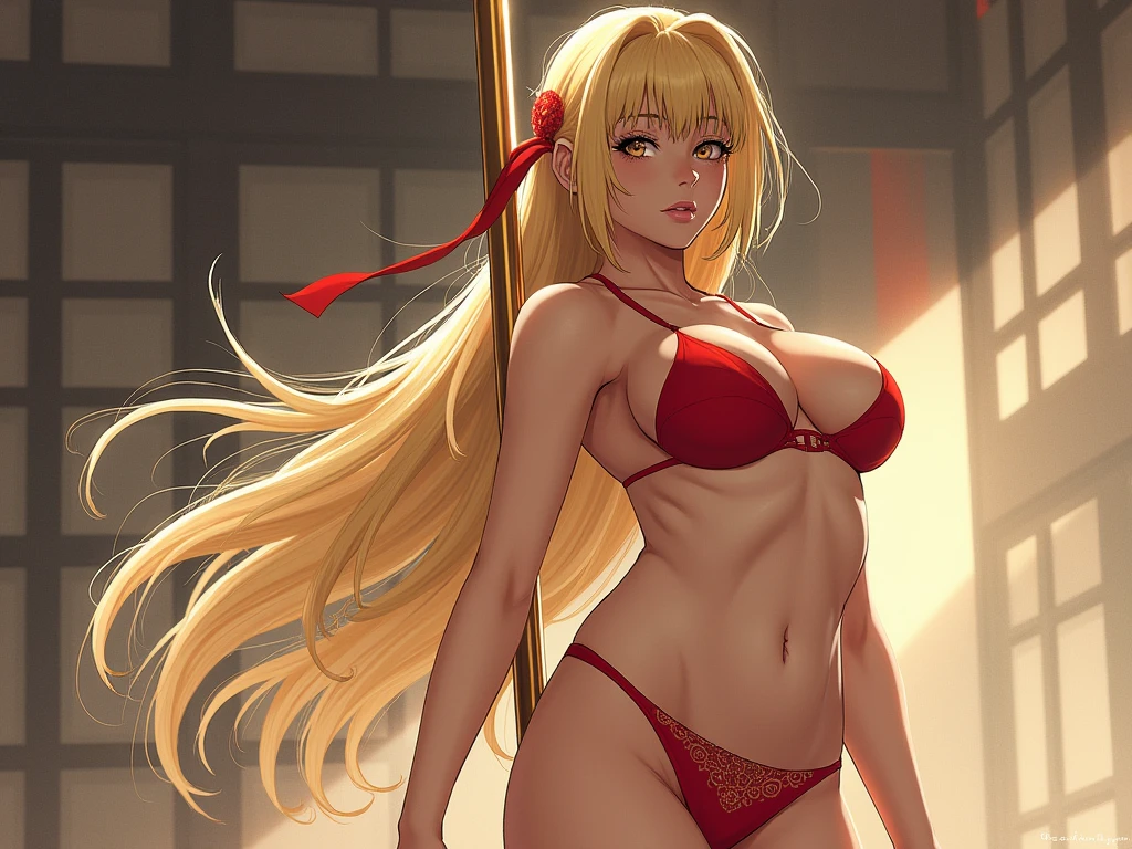 Draw a blonde slut with long hair wearing red lingerie sucking a big thick penis doing deep throat oral. Tear-filled eyes and smudged makeup. Front view of kneeling on the floor with penis in mouth. breasts small. Big and thick penis of a big and dark man. Dark-haired man with hard penis stuck in the mouth of the blonde character with small breasts. Lots of penises ejaculating on small breasted blonde slut.