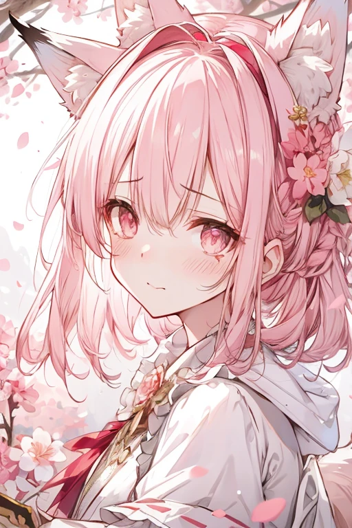 hairy, Pink fur, Off-the-shoulder white translucent morning dress, sit on the grass, Cherry blossom forest background, gold slit pupil, blushing:1, hair between eyes, pink hair, gradient hair, hair past shoulders, wet hair, shiny hair, bell, trumpet, forehead gem, lolitahairband, eye reflex, shed tears, slit pupil, fox ears, wolf ears, Awkward, blush, saliva, full blush, panicked, despair, full-face blush, realism, Ultra-realism, Ray tracing, reflected light, backlight, Fuji color, Bokeh, ultra high definition, retina, anatomically correct, Super details, best quality, high resolution