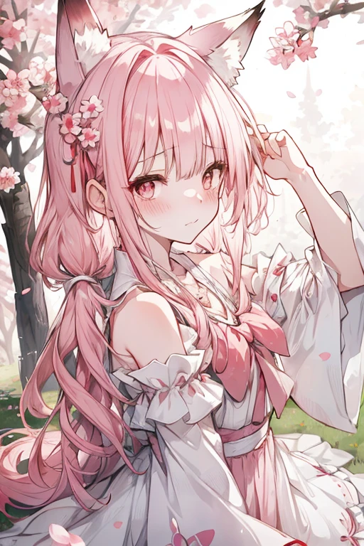 hairy, Pink fur, Off-the-shoulder white translucent morning dress, sit on the grass, Cherry blossom forest background, gold slit pupil, blushing:1, hair between eyes, pink hair, gradient hair, hair past shoulders, wet hair, shiny hair, bell, trumpet, forehead gem, lolitahairband, eye reflex, shed tears, slit pupil, fox ears, wolf ears, Awkward, blush, saliva, full blush, panicked, despair, full-face blush, realism, Ultra-realism, Ray tracing, reflected light, backlight, Fuji color, Bokeh, ultra high definition, retina, anatomically correct, Super details, best quality, high resolution