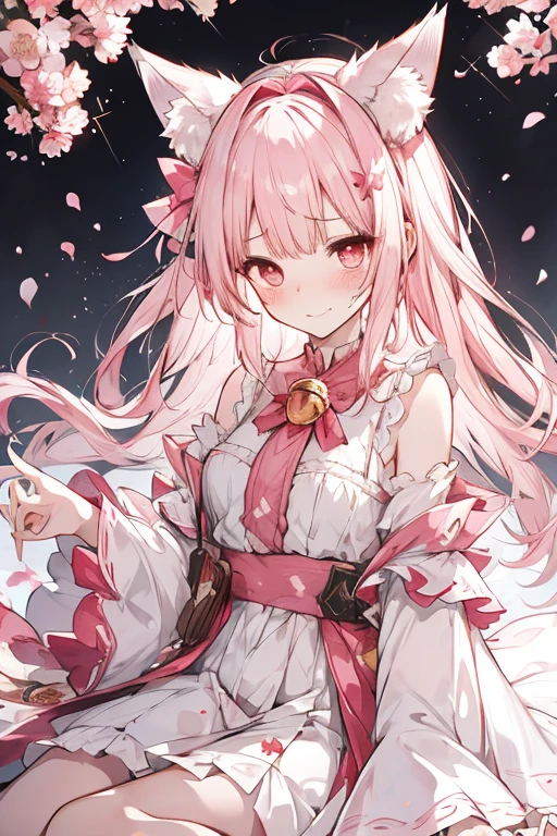 hairy, Pink fur, Off-the-shoulder white translucent morning dress, sit on the grass, Cherry blossom forest background, gold slit pupil, blushing:1, hair between eyes, pink hair, gradient hair, hair past shoulders, wet hair, shiny hair, bell, trumpet, forehead gem, lolitahairband, eye reflex, shed tears, slit pupil, fox ears, wolf ears, Awkward, blush, saliva, full blush, panicked, despair, full-face blush, realism, Ultra-realism, Ray tracing, reflected light, backlight, Fuji color, Bokeh, ultra high definition, retina, anatomically correct, Super details, best quality, high resolution