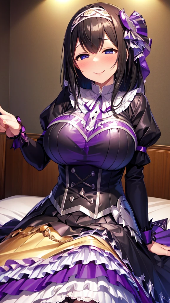  tall、Big Breasts、Black Hair、White hair band、Black Gothic　corset　 long skirt 　Frills　 High Socks 、Evil Warrior、 gravure pose、 wicked smile、 tall、lure、Alluring、sparkling purple wall、bedroom、bed、Fall into Darkness、Fallen into evil、bedに寝そべる