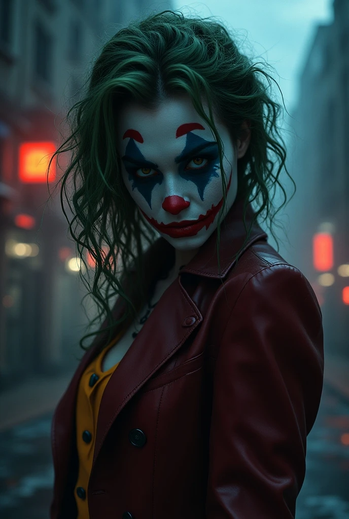New York, time square, Joker Girl 25 years old, macabre, horror, Sharp mouth teeth, full body shot, tight clothes, technological details, Authentic background, (realism: 1.5), (Realisitc: 1.4), (Absurdity:1.4 ), 8k, ultra-detailed, detailed, (full breasts: 1.3), (One only: 1.4 only), (Viewer facing: 1.3),