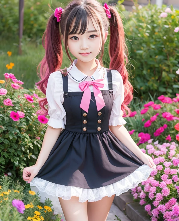 A high school girl、18 age、Kawaii face、small 、Skirts with short ruffles、white panty、Big cute ribbon、French Maid、Pink hair、twintails、red-eyed、grassy plains、Flower garden、Bright flowers、Gentle light