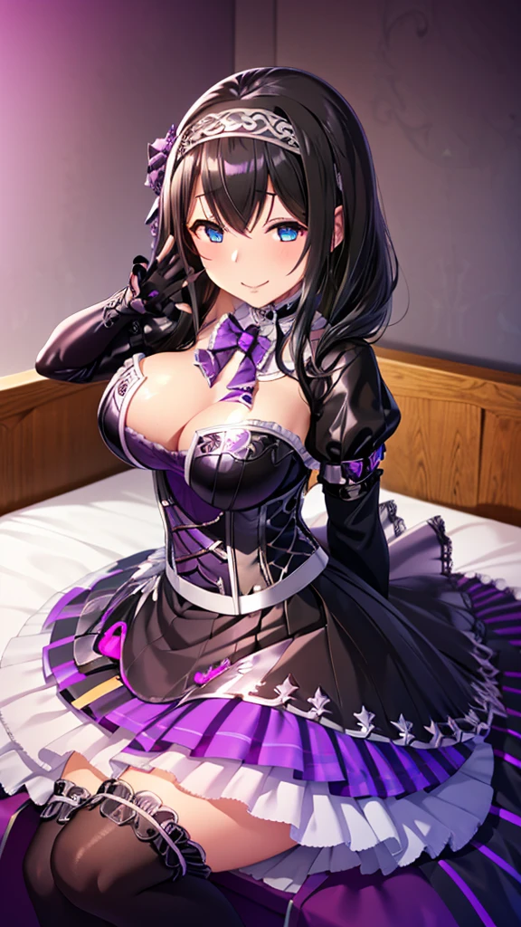  tall、Big Breasts、Black Hair、White hair band、Black Goth　corset　 long skirt 　Frills　 High Socks 、Evil Warrior、 gravure pose、 wicked smile、 tall、lure、Alluring、sparkling purple wall、bedroom、bed、Fall into Darkness、Fallen into evil、bedに寝そべる