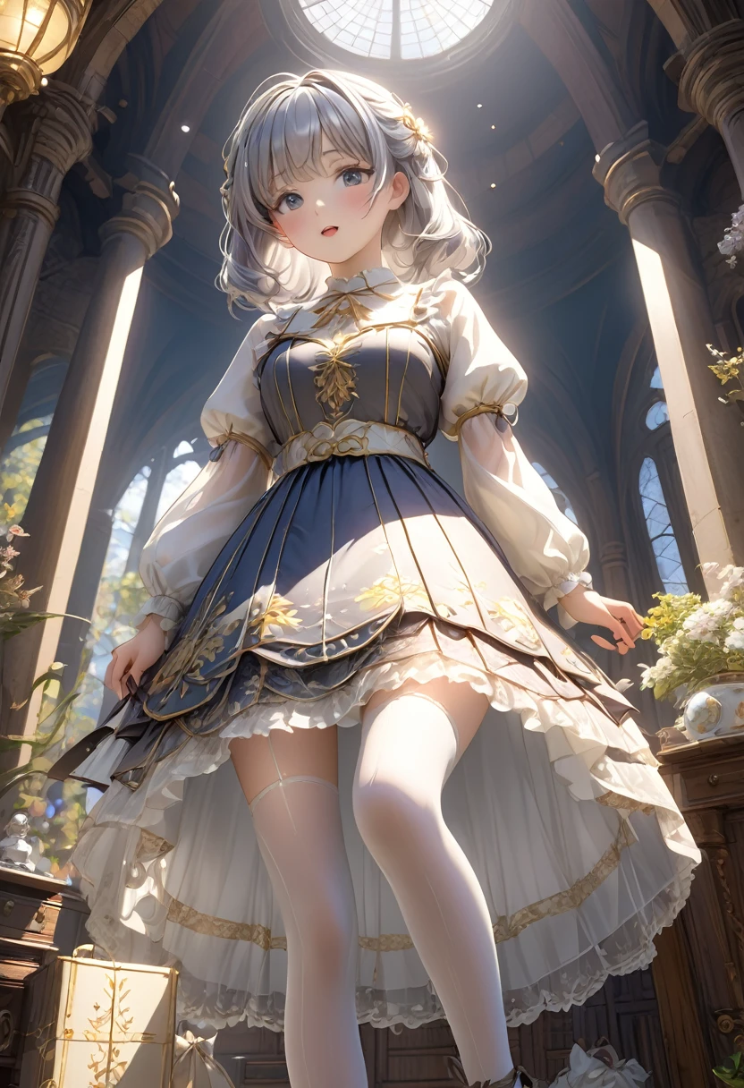 (Highly detailed CG Octane render 8k wallpaper),  The World's Most Beautiful Artwork , Full body shot seen from below , Complex,  high detail, ８ old girl , Gold and silver embroidery, Medieval Long Dress（With panniers）, Crystal Clear Fabric,  Raise Your Skirt , Strong winds, Transparent slip, Transparent tights, Peeking from below, Best Quality, Disarray of clothing,  lies down, underwear,  show off your thighs,  Knight , Skirt lining, Bloomers , 幼児underwear, Flip-up skirt,  s shorts I can see, Low Angle,  flipping through my skirt,  angle from directly below to widen the vagina,  closet up,  look inside skirt , underwear私は見えます