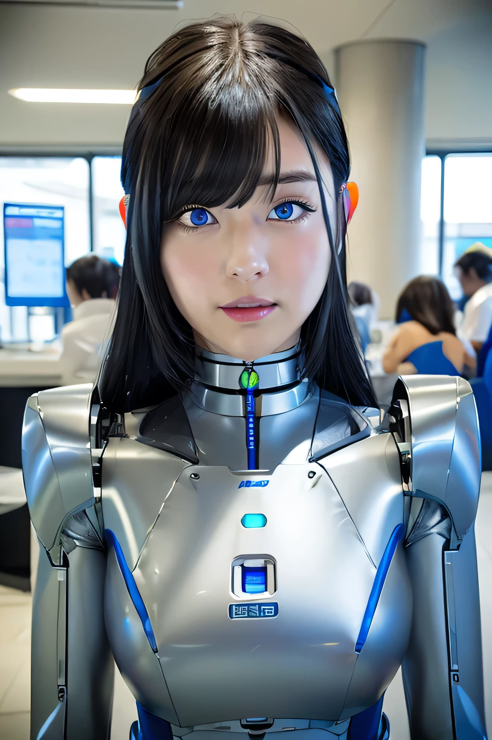 masterpiece, best quality, extremely detailed,  Japaese android girl,Plump , control panels,android,Droid,Mechanical Hand, Robot arms and legs, Black Robot Parts,Black hair,Mechanical body,Blunt bangs,White robotics parts,perfect robot girl,future information counter,reception,long tube,thick cable connected her neck,ceramic body ,mechanical body,mechanical costume,android,robot,humanoid,cyborg,information office,japanese android receptionist ,mechanical chest,blue eyes,office-lady