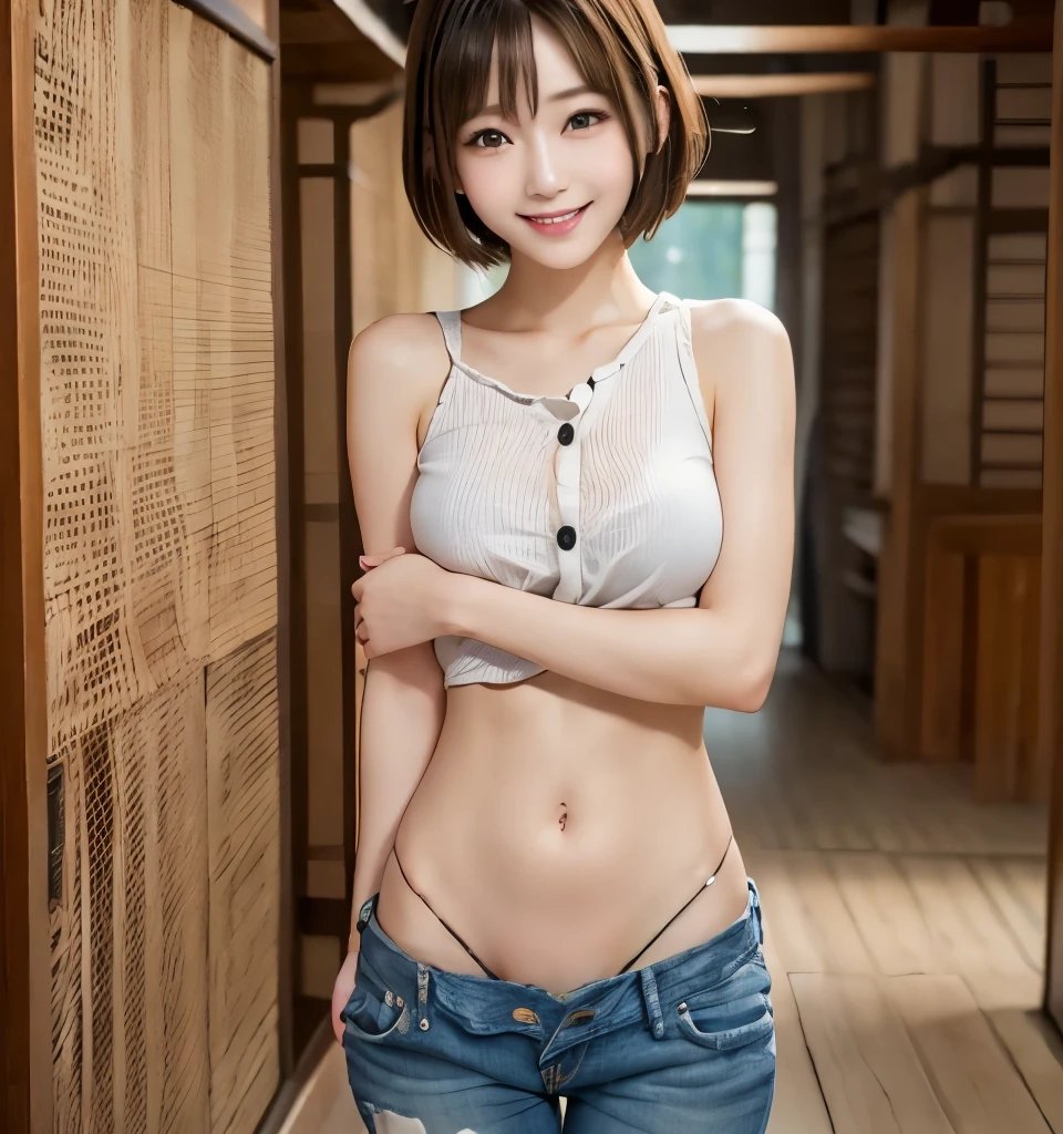 Best Quality、 ultra high resolution、masterpiece、8k、Clear photo、(Very cute Japanese girl)、smile、(whole body)、( cutest Nishino sex  )、Very short bob cut、(Low-rise denim pants、 button、Pull down denim pants )、 I can see white panties、  white blouse、Vivid depiction