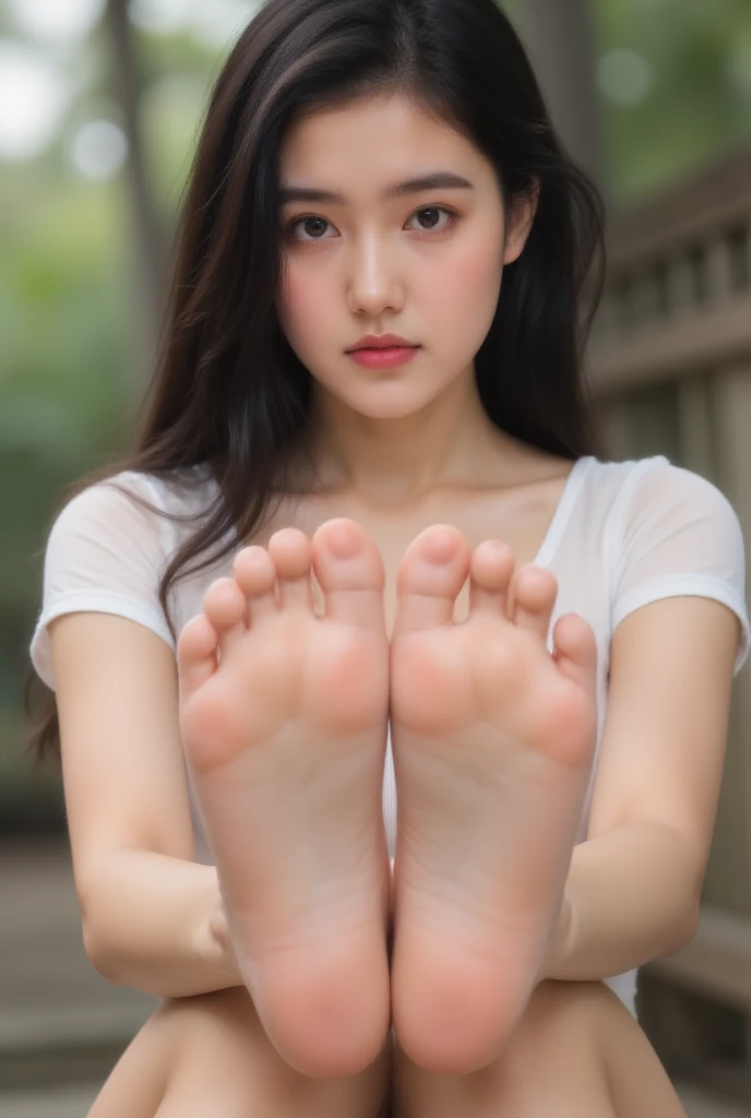 Five toes，Leaking Feet ，Outdoor， a woman,  Adorable 18 Year Old , Natural Makeup,  plump lips， Do Your Own Thing ，Soles， Sole Details ,  Black Wavy Hair,