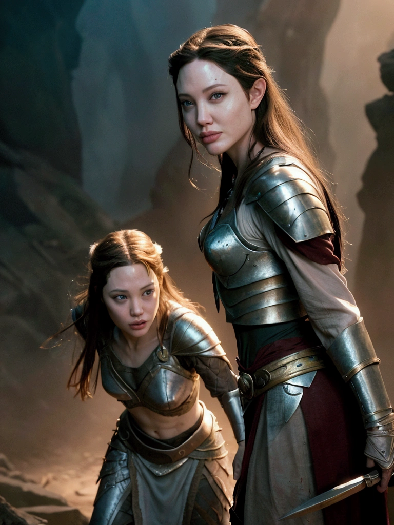 Two girls a young Angelina jolie with Cate blanchett, epic fantasy battle, fighting many orcs, highly detailed, intricate character designs, dynamic poses, dramatic lighting, cinematic composition, vibrant colors, digital painting, unreal engine, 8k, photorealistic, dof blur, volumetric lighting, dramatic shadows, hard surface rendering, volumetric fog